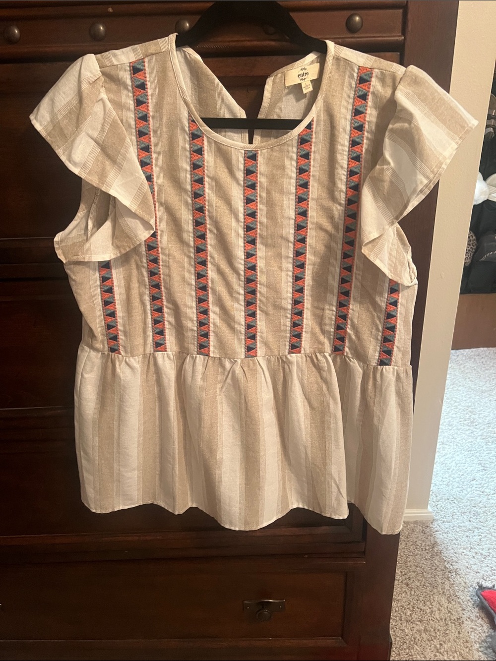 entro Cream Peplum Blouse with Blue and Red Embroidery